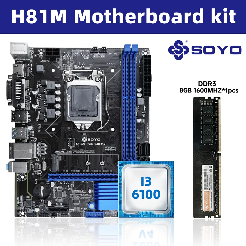 Игровая материнская плата SOYO H81M с процессором Intel i3-6100 и оперативной памятью DDR3 8 ГБ 1600 МГц, интерфейсами M.2 NVME, PCIEx16, HDMI, VGA, разъемом LGA 1150
Игровая материнская плата SOYO H81M с процессором Intel i3-6100 и оперативной памятью DDR3 8 ГБ 1600 МГц, интерфейсами M.2 NVME, PCIEx16, HDMI, VGA, разъемом LGA 1150