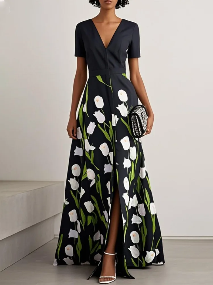 Short Sleeves Split-Front A-Line Party Evening Maxi Dresses 2026 New Women's Elegant Floral Printed V-neck Shirts Dress
Short Sleeves Split-Front A-Line Party Evening Maxi Dresses 2026 New Women's Elegant Floral Printed V-neck Shirts Dress