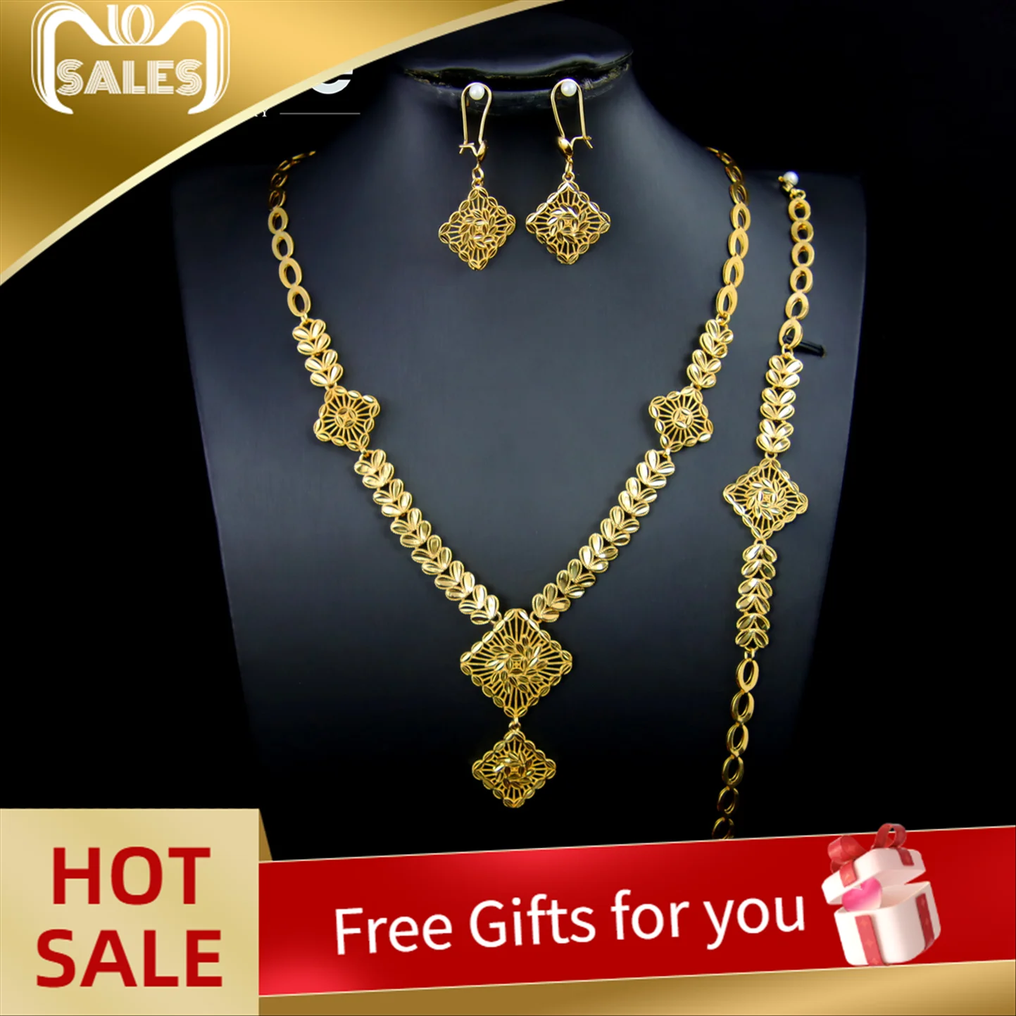 Nigeria Wedding Jewelry Set 21k Gold Plated Islamic Bridal Vintage Necklace Bracelet Earrings Oman Women Religious Party Jewelry
Nigeria Wedding Jewelry Set 21k Gold Plated Islamic Bridal Vintage Necklace Bracelet Earrings Oman Women Religious Party Jewelry