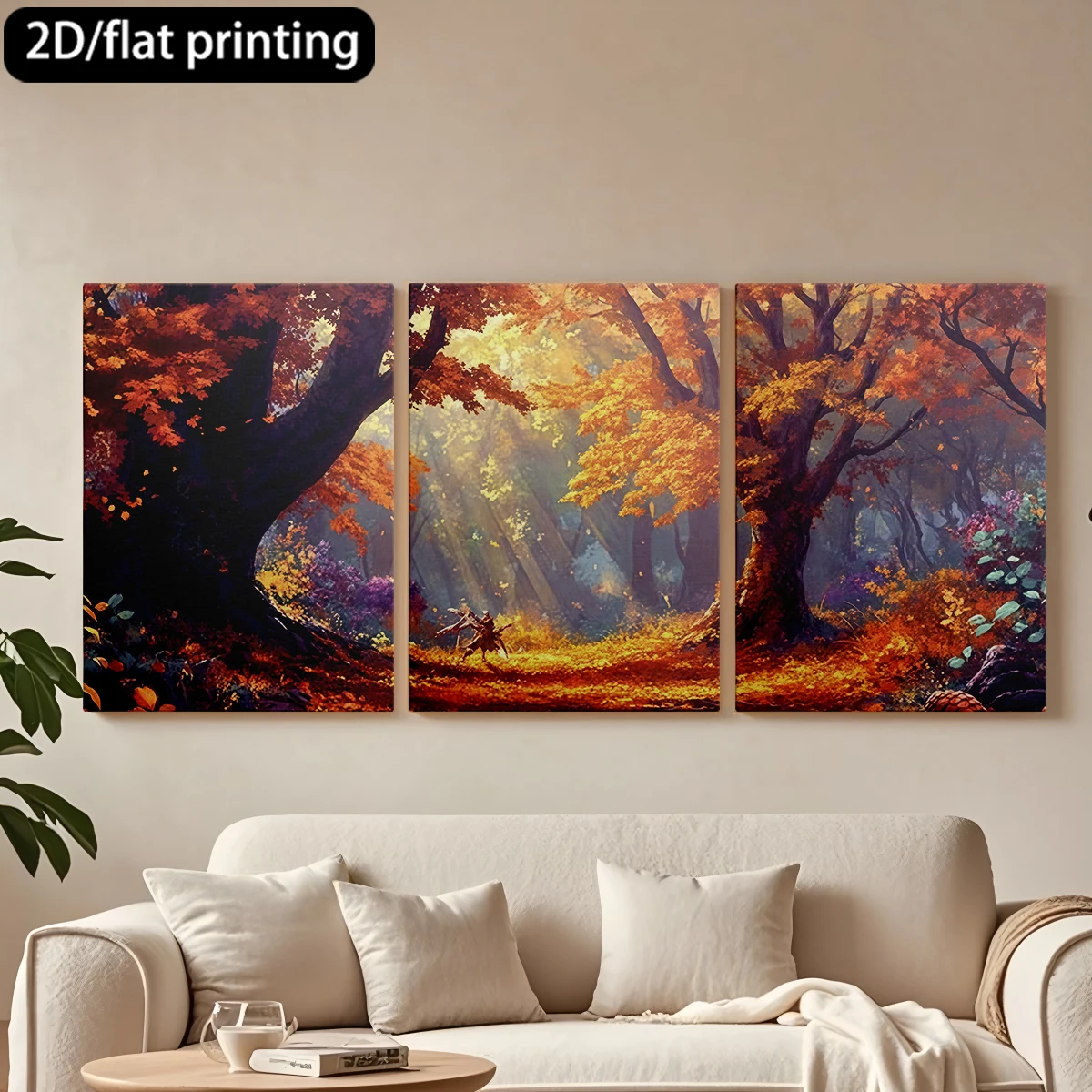 Three-panel decorative canvas paintingAutumn forest scene, adventurous figures.
Three-panel decorative canvas paintingAutumn forest scene, adventurous figures.