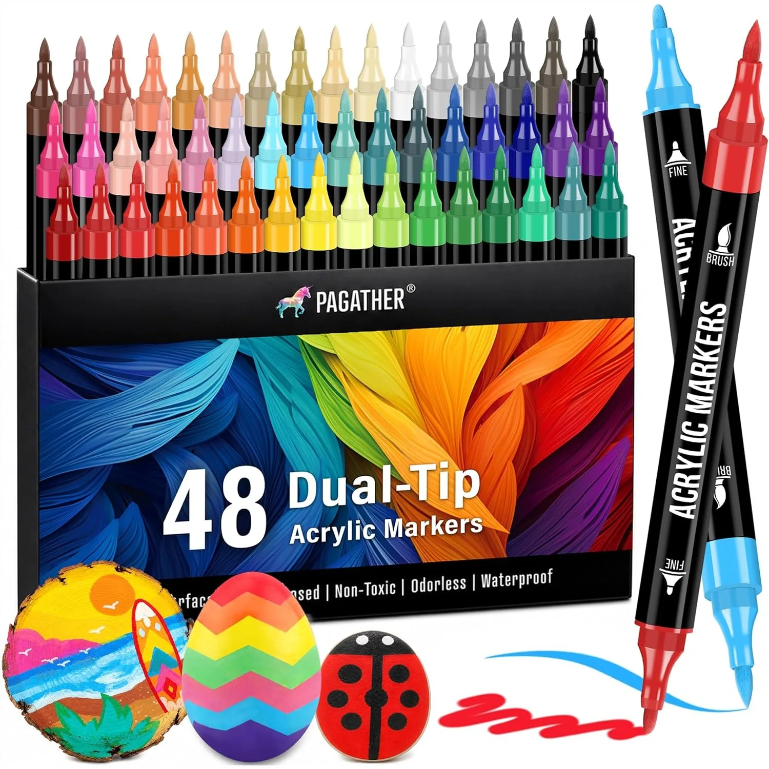 48 Colors Acrylic Paint Markers, Dual Tip with Fine and Brush Tips for Fabric, Stone, Wood, Canvas, Ceramic, Metal, Glass, Rock
48 Colors Acrylic Paint Markers, Dual Tip with Fine and Brush Tips for Fabric, Stone, Wood, Canvas, Ceramic, Metal, Glass, Rock