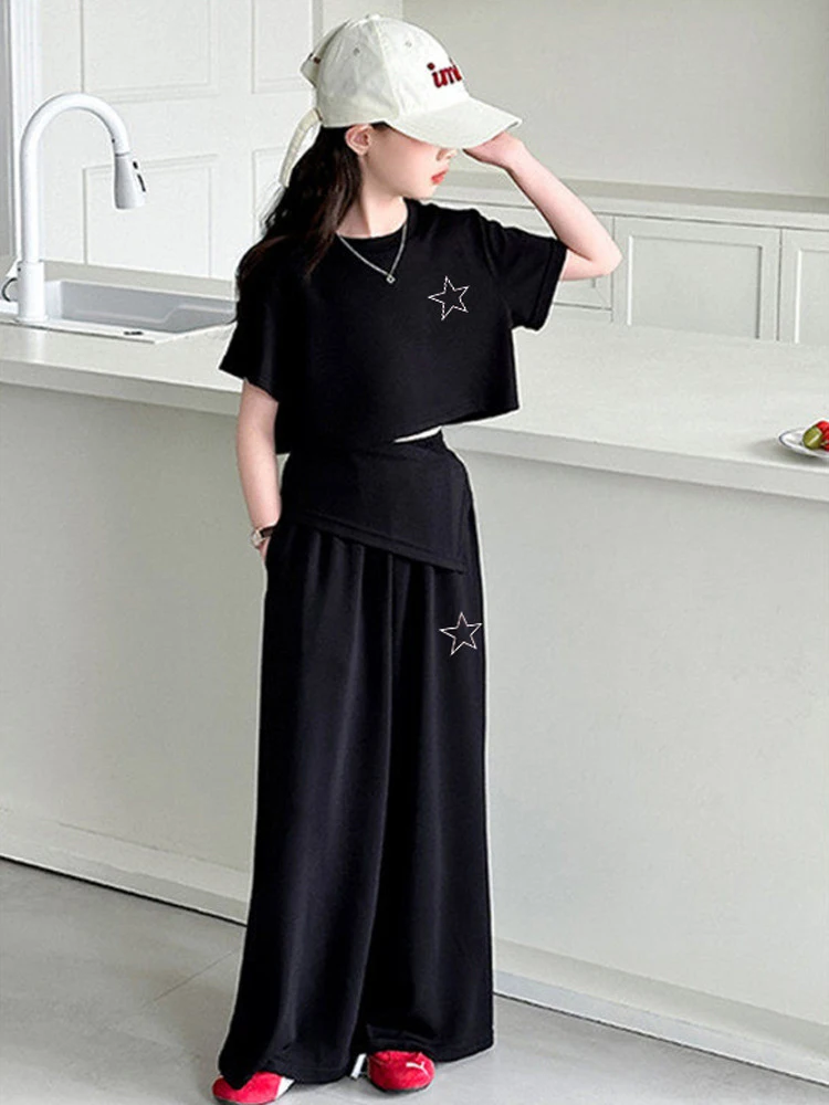 Girls' casual summer outfit, new stylish short-sleeved top and wide-leg pants two-piece set for older children
Girls' casual summer outfit, new stylish short-sleeved top and wide-leg pants two-piece set for older children