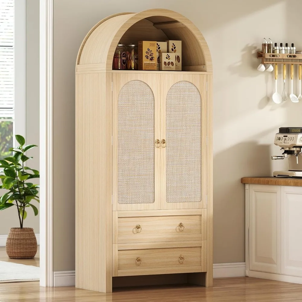 71 Tall Arched Kitchen Pantry Cabinet with Rattan Doors - Storage Cabinet with 2 Drawers & Adjustable Shelves, Wood Kitchen Cabi
71 Tall Arched Kitchen Pantry Cabinet with Rattan Doors - Storage Cabinet with 2 Drawers & Adjustable Shelves, Wood Kitchen Cabi