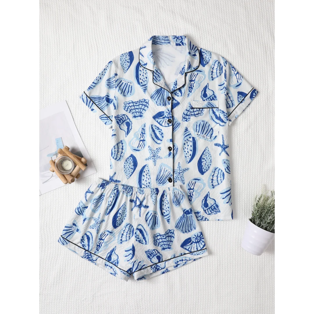 Pajamas with Shell Print Hawaiian Ocean Style Lapel Short Sleeves Shorts Pants Home Wear Set for Women Summer Vacation Gifts
Pajamas with Shell Print Hawaiian Ocean Style Lapel Short Sleeves Shorts Pants Home Wear Set for Women Summer Vacation Gifts