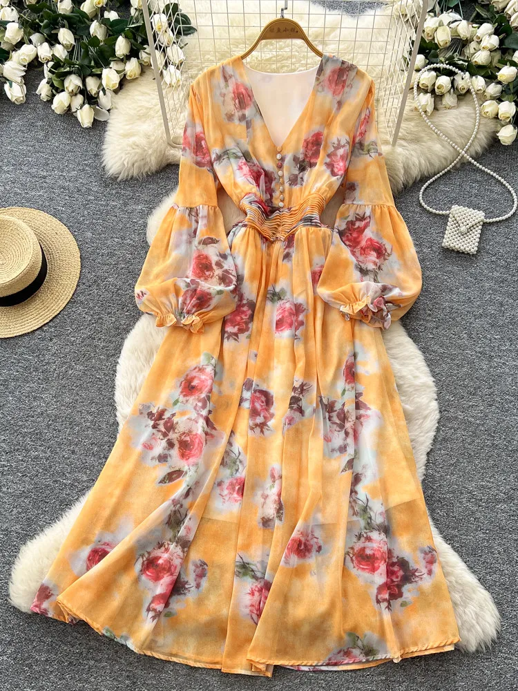 French Elegant Floral Print Dress Women V Neck Puff Sleeve Waist Slimming Elegant Long Dress Vacation Style Party Evening Gown
French Elegant Floral Print Dress Women V Neck Puff Sleeve Waist Slimming Elegant Long Dress Vacation Style Party Evening Gown