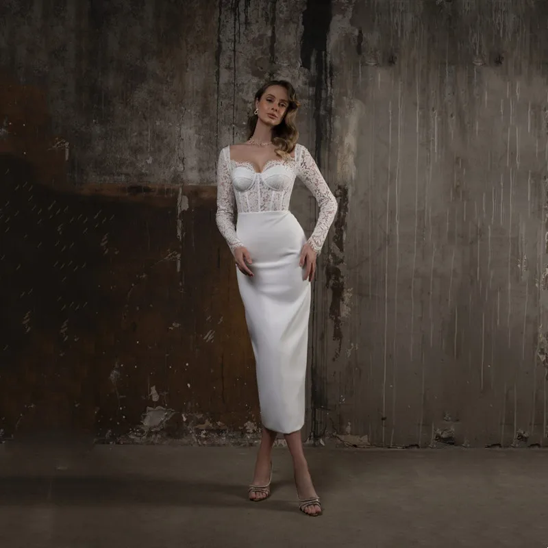 Classic Mermaid White Wedding Dresses Simple Lace Long Sleeves Strapless Sexy Open Back with Lace Up Mide-calf Gowns Customized
Classic Mermaid White Wedding Dresses Simple Lace Long Sleeves Strapless Sexy Open Back with Lace Up Mide-calf Gowns Customized