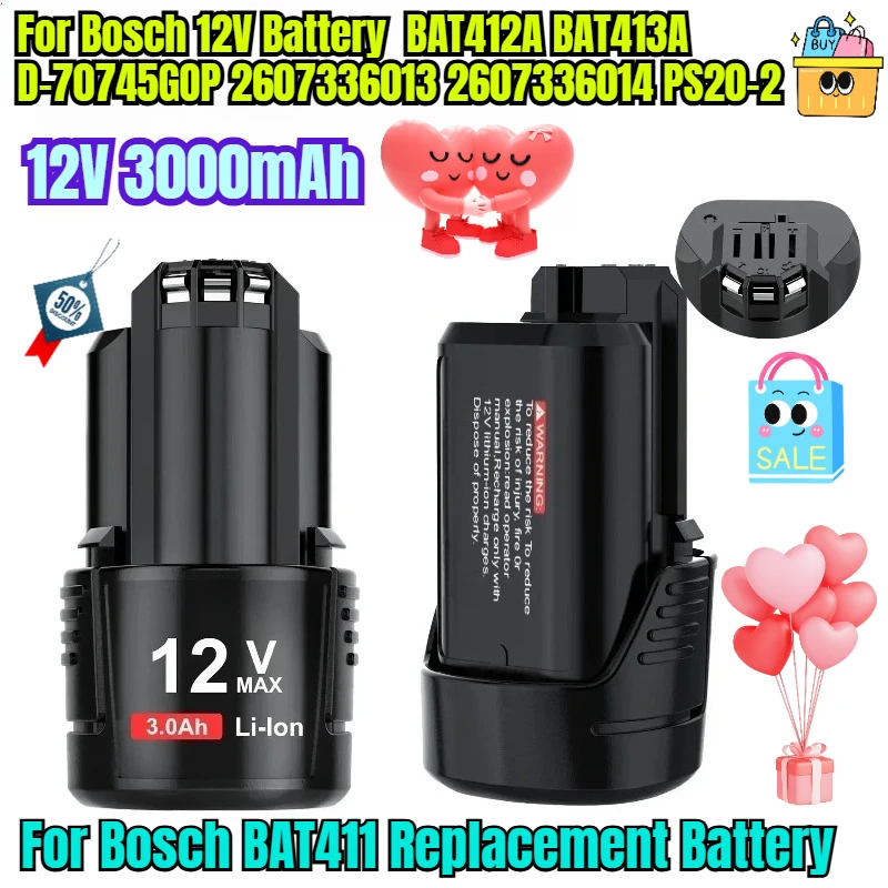 For Bosch 12V 3000mAh BAT411 Replacement Battery for Bosch 12V Battery BAT412A BAT413A D-70745GOP 2607336013 2607336014 PS20-2
For Bosch 12V 3000mAh BAT411 Replacement Battery for Bosch 12V Battery BAT412A BAT413A D-70745GOP 2607336013 2607336014 PS20-2