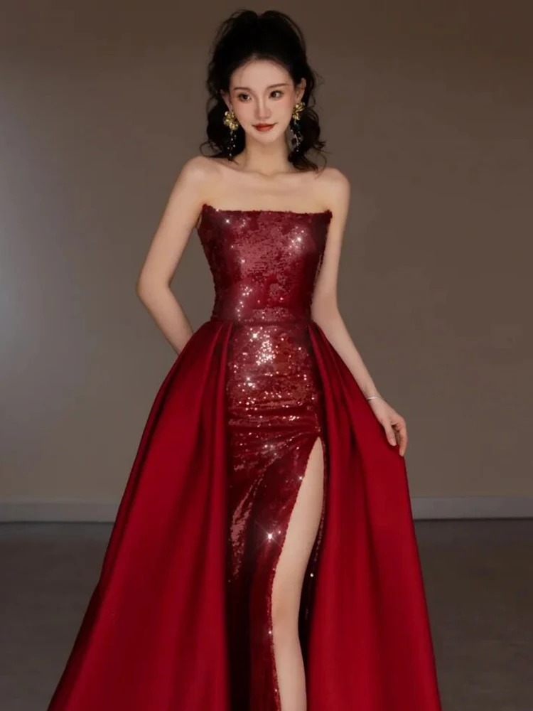 Toasting gown, bride's high-end feeling, strapless wedding gown, red sequin dress, host's high-end banquet, trailing long skirt
Toasting gown, bride's high-end feeling, strapless wedding gown, red sequin dress, host's high-end banquet, trailing long skirt