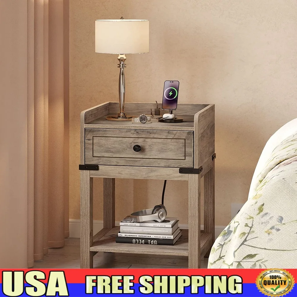 Farmhouse Nightstand with Charging Station USB Ports Power Outlets Drawer Storage Table Rustic Gray Wood Composite
Farmhouse Nightstand with Charging Station USB Ports Power Outlets Drawer Storage Table Rustic Gray Wood Composite
