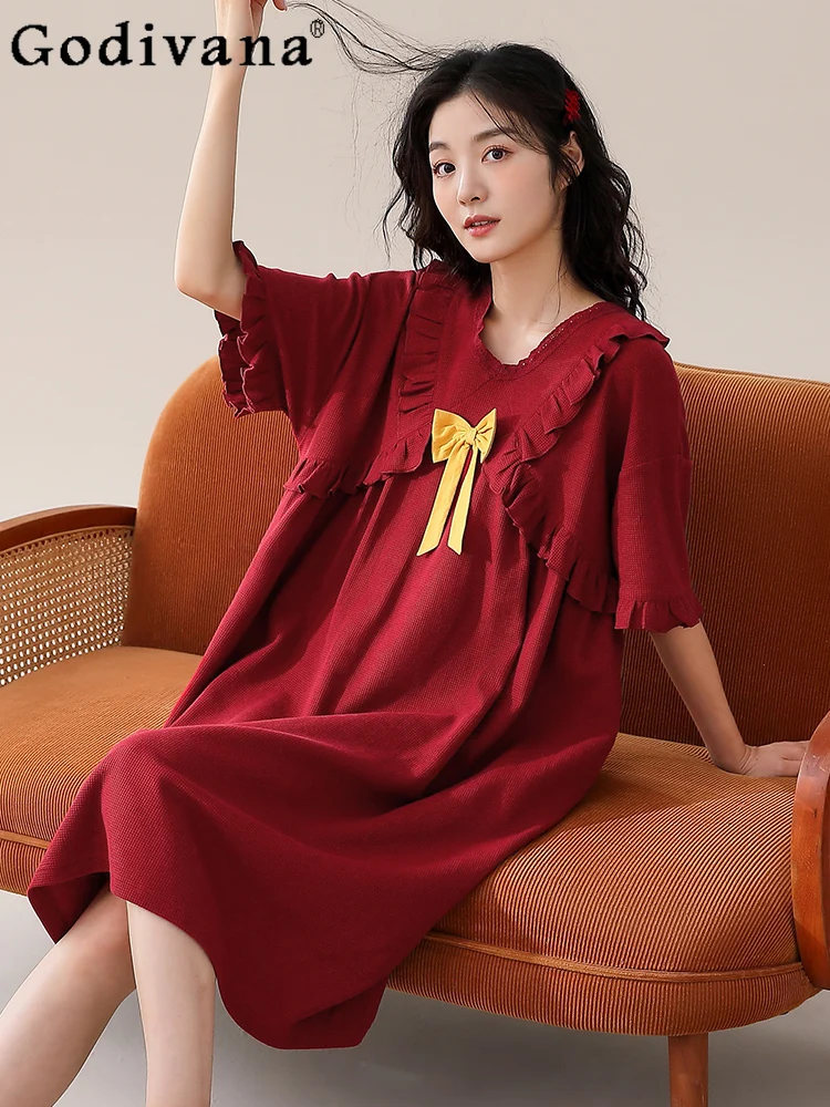 2025 Summer Cotton Short Sleeve Classic Red Waffle Loose Nightdress Girl Sweet Bow Elegant Ruffles Crew Neck Simple Long Pajamas
2025 Summer Cotton Short Sleeve Classic Red Waffle Loose Nightdress Girl Sweet Bow Elegant Ruffles Crew Neck Simple Long Pajamas