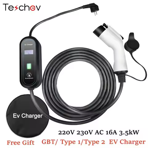 Teschev 220V 230V 휴대용 EV 충전기 Wallbox 16A Type1 j1772 충전 케이블 Type2 코드 IEC62196 전기 자동차 용 Schuko 플러그