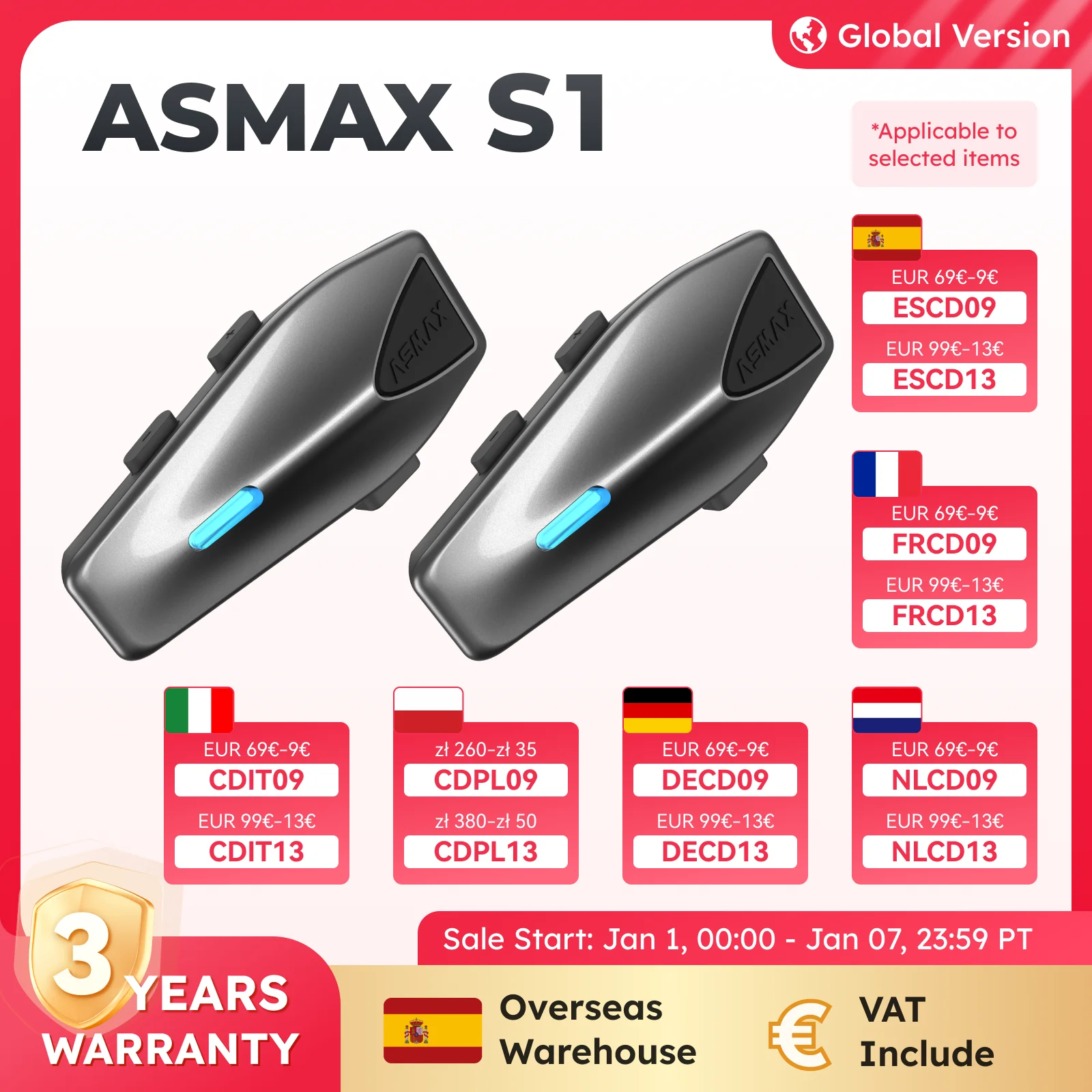 ASMAX S1 Bluetooth Motorcycle Intercom with FM Radio, Noise Cancellation, Waterproof, 8 Riders Interphone Helmet Headset
ASMAX S1 Bluetooth Motorcycle Intercom with FM Radio, Noise Cancellation, Waterproof, 8 Riders Interphone Helmet Headset