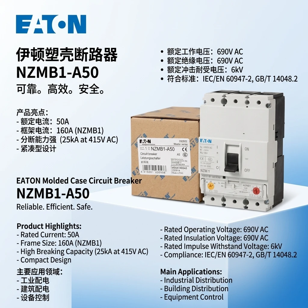 Eaton NZMB1-A50 MCCB 3P 50A 25kA Thermal Magnetic Molded Case Circuit Breaker NZM1 Series Original
Eaton NZMB1-A50 MCCB 3P 50A 25kA Thermal Magnetic Molded Case Circuit Breaker NZM1 Series Original
