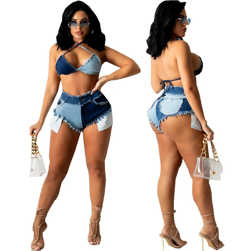Women Sexy Two Piece Short Sets Denim Shorts Slim Fit Tank Backless Wrap Hip Shorts Pockets Beach Hot Pants Patchwork Summer
Women Sexy Two Piece Short Sets Denim Shorts Slim Fit Tank Backless Wrap Hip Shorts Pockets Beach Hot Pants Patchwork Summer