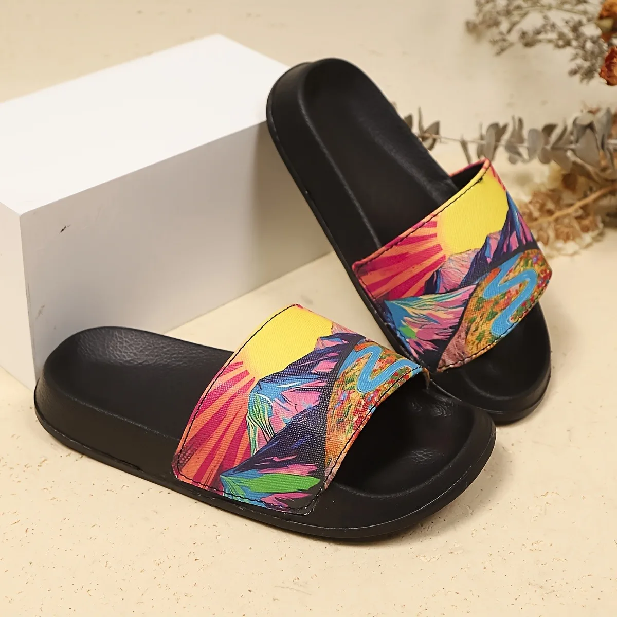 Youth Pop-Art Style Landscape Print Flip-Flops, with Mountain and Sunset Motifs, Lightweight Soft-Soled Sandals Suitable for Both Indoor and Outdoor Use
Youth Pop-Art Style Landscape Print Flip-Flops, with Mountain and Sunset Motifs, Lightweight Soft-Soled Sandals Suitable for Both Indoor and Outdoor Use