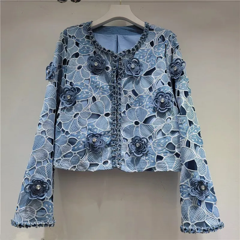 Fashion Hook Flower Embroidery Blue Short Denim Jacket Autumn Women Cardigan Coat Round Neck Long Sleeve Jeans Jacket Streetwear
Fashion Hook Flower Embroidery Blue Short Denim Jacket Autumn Women Cardigan Coat Round Neck Long Sleeve Jeans Jacket Streetwear