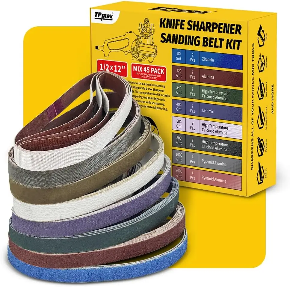 45-Piece 1/2" x 12" Knife Sharpener Sanding Belt Kit for Work Sharp Tool Sharpener - Multiple Grits
45-Piece 1/2" x 12" Knife Sharpener Sanding Belt Kit for Work Sharp Tool Sharpener - Multiple Grits