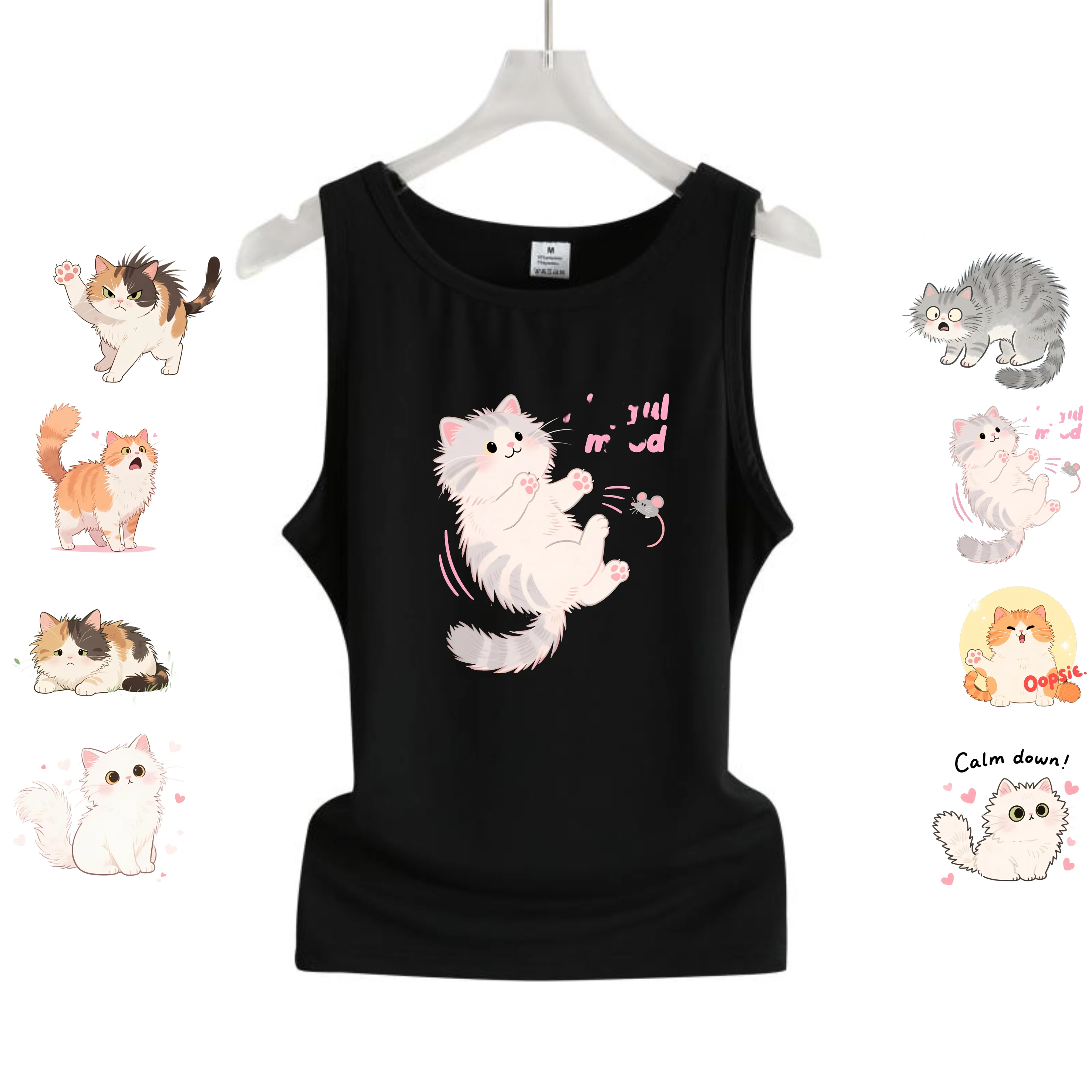 Fun Cat Pattern Tank Top with English Phrases, Loose and Versatile Sleeveless T-Shirt Top, Soft and Stretchy Cotton, Black for Girls
Fun Cat Pattern Tank Top with English Phrases, Loose and Versatile Sleeveless T-Shirt Top, Soft and Stretchy Cotton, Black for Girls