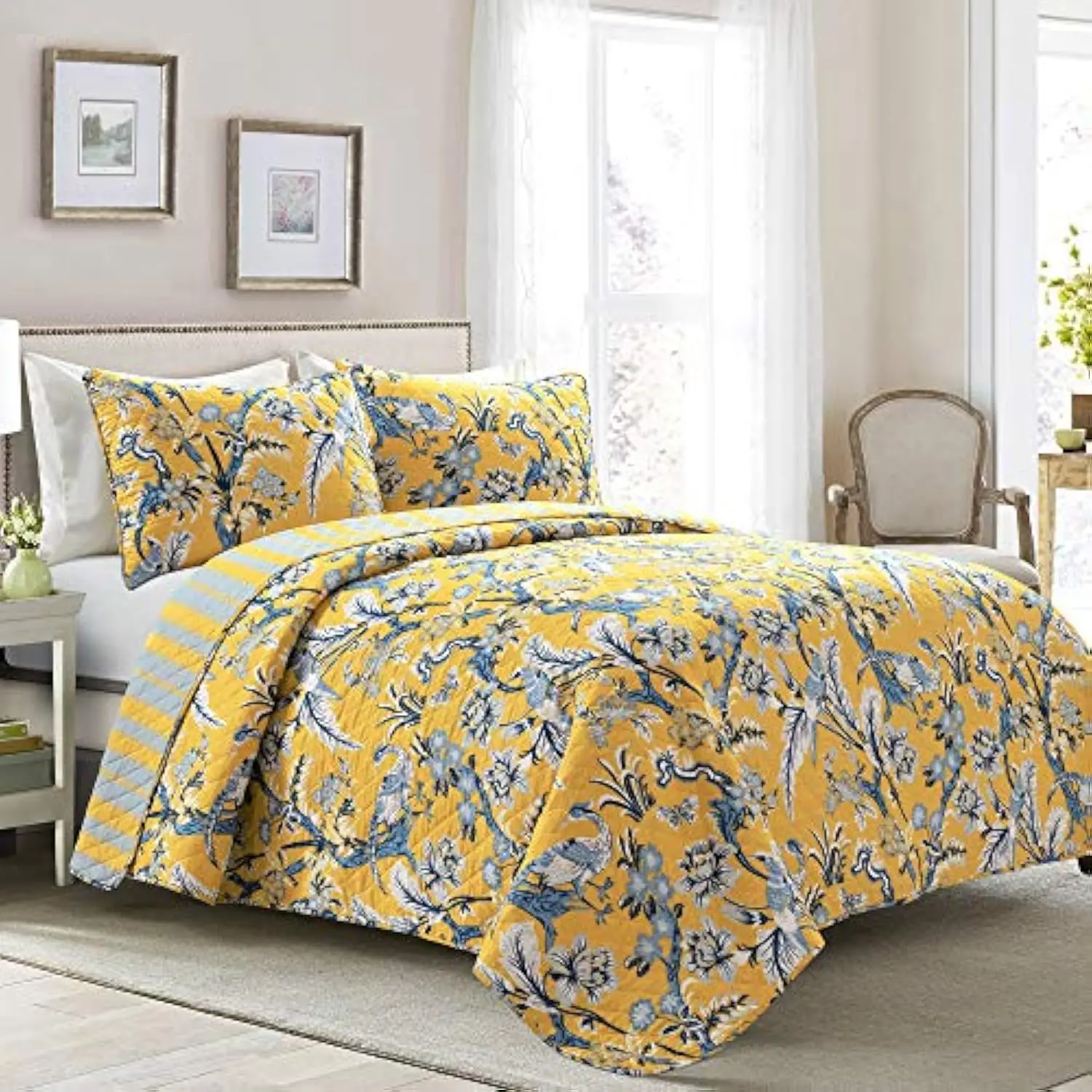 Dolores Reversible Cotton Quilt Set, 3 Piece Set, King, Yellow & Blue - Toile Bedding Set - Floral & Bird Quilt - Cottage, Max
Dolores Reversible Cotton Quilt Set, 3 Piece Set, King, Yellow & Blue - Toile Bedding Set - Floral & Bird Quilt - Cottage, Max