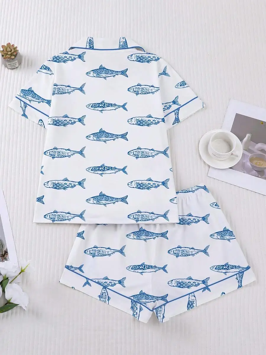 2pcs Womens Fish Print Pajama Set Short Sleeve Shirt Collar Top And Elastic Waist Shorts For Loungewear
2pcs Womens Fish Print Pajama Set Short Sleeve Shirt Collar Top And Elastic Waist Shorts For Loungewear