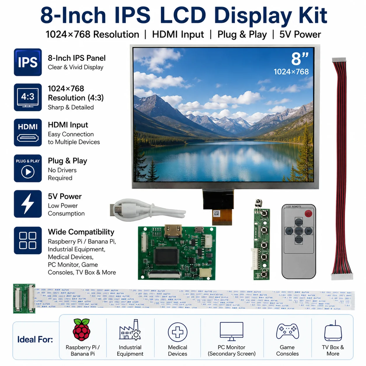 8 Inch HJ080IA-01E IPS 4:3 Portable LCD Display Screen Universal DIY HDMI Driver Control Board Raspberry Pi PC Portable Monitor
8 Inch HJ080IA-01E IPS 4:3 Portable LCD Display Screen Universal DIY HDMI Driver Control Board Raspberry Pi PC Portable Monitor