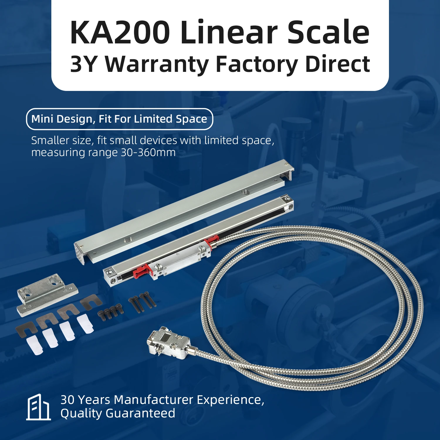 KA-200 Compact Linear Grating Ruler, 1μm & 5μm Resolution, 3 Years Quality Warranty, CNC Accessories for Milling and Lathe
KA-200 Compact Linear Grating Ruler, 1μm & 5μm Resolution, 3 Years Quality Warranty, CNC Accessories for Milling and Lathe