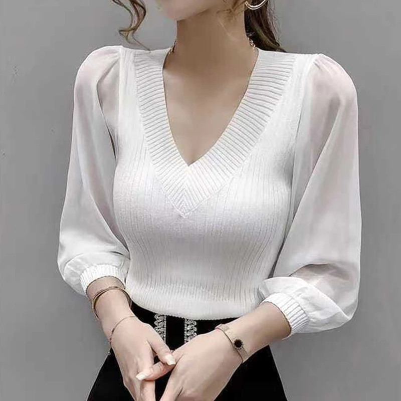 Autumn Winter Knitted Pullover Women Sweaters Chiffon Spliced Long Sleeve V-neck Black White Work Party Basic Sweaters
Autumn Winter Knitted Pullover Women Sweaters Chiffon Spliced Long Sleeve V-neck Black White Work Party Basic Sweaters