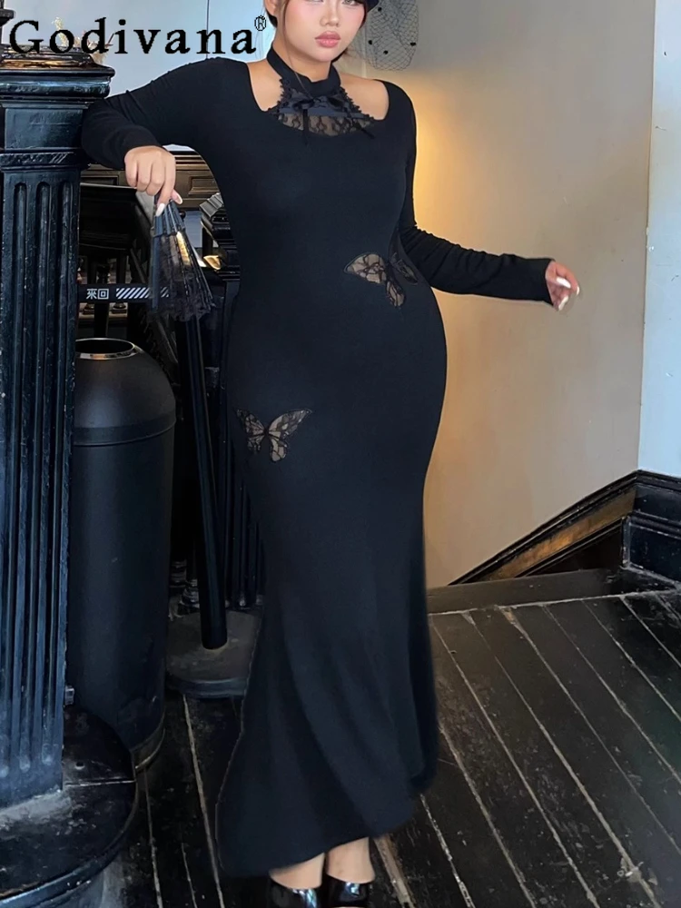 Large Size Retro European American Sexy Black Long Sleeve Halter Neck Dress Women's Summer Elastic Slim Lace Fishtail Dresses
Large Size Retro European American Sexy Black Long Sleeve Halter Neck Dress Women's Summer Elastic Slim Lace Fishtail Dresses