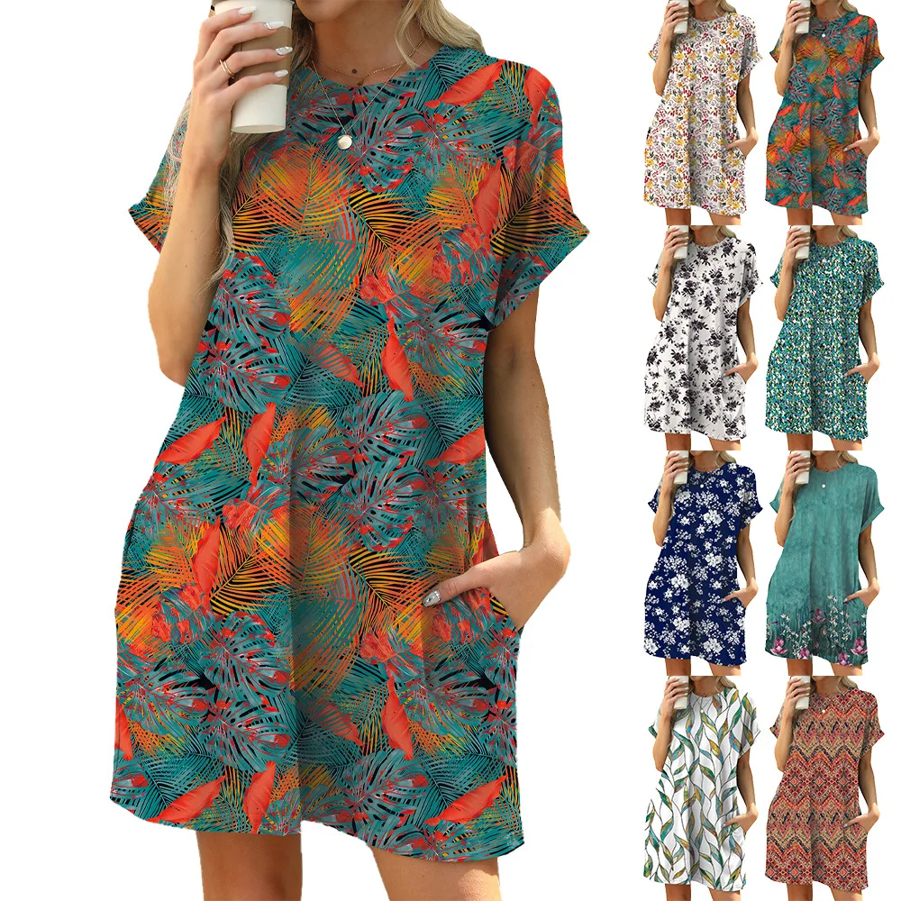 New Women's Dress O-neck Short Sleeve Loose Fashion Printed Pocket Casual Holiday Beach Mini Short Skirt
New Women's Dress O-neck Short Sleeve Loose Fashion Printed Pocket Casual Holiday Beach Mini Short Skirt