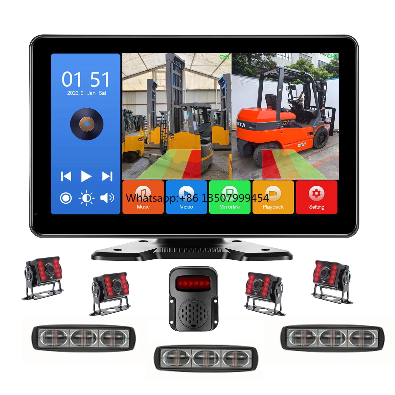 10.1 Inch Touch Screen PWAS 4ch BSD Ai Detection Monitor 4 AHD 1080P Rear View Cameras 3 LED Light Warning Alarm for Forklift
10.1 Inch Touch Screen PWAS 4ch BSD Ai Detection Monitor 4 AHD 1080P Rear View Cameras 3 LED Light Warning Alarm for Forklift