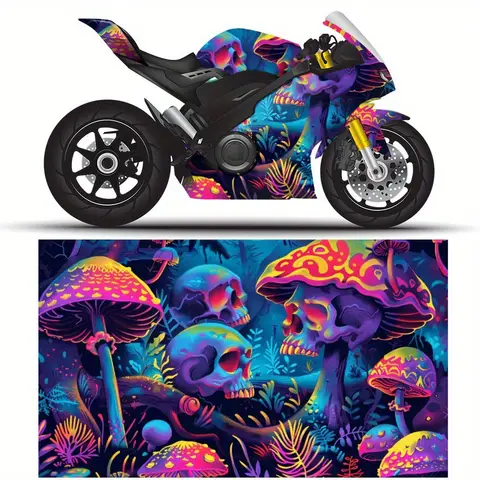 Funny Colorful Skull Mushroom Forest Motorcycle Full Wrap Stickers Decorative Motorcycle Race Color Change Decal Film Protect Gi