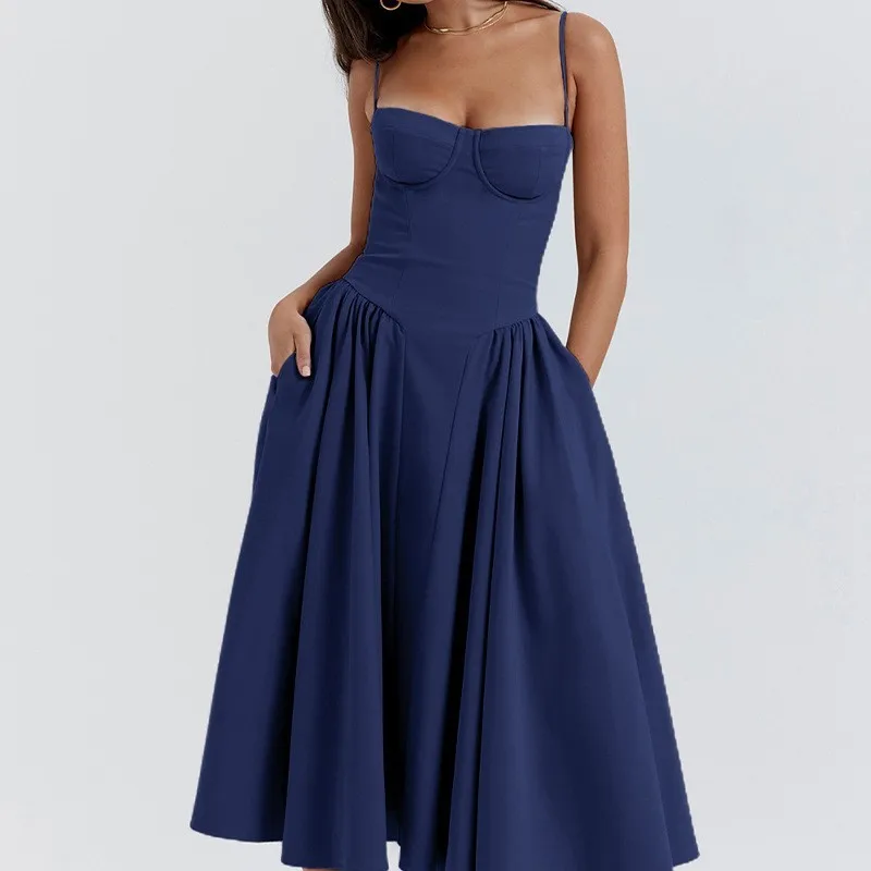 Summer women's elegant midi sleeveless backless pleated dress; women's sexy plain thin strap evening dress; A-line dress gown
Summer women's elegant midi sleeveless backless pleated dress; women's sexy plain thin strap evening dress; A-line dress gown
