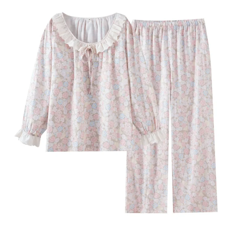 New women's pajamas made of pure cotton gauze, spring/summer long-sleeve and long-pants set with lace trim and round neck, suita
New women's pajamas made of pure cotton gauze, spring/summer long-sleeve and long-pants set with lace trim and round neck, suita