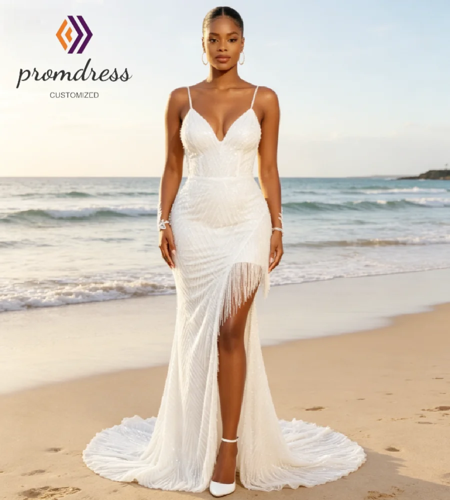 Sparkly Sequin Mermaid Wedding Dress Spaghetti Straps High Slit Beach Bridal Dresses 2026 Plus Size Bohemian Fringe Curvy Bodas
Sparkly Sequin Mermaid Wedding Dress Spaghetti Straps High Slit Beach Bridal Dresses 2026 Plus Size Bohemian Fringe Curvy Bodas