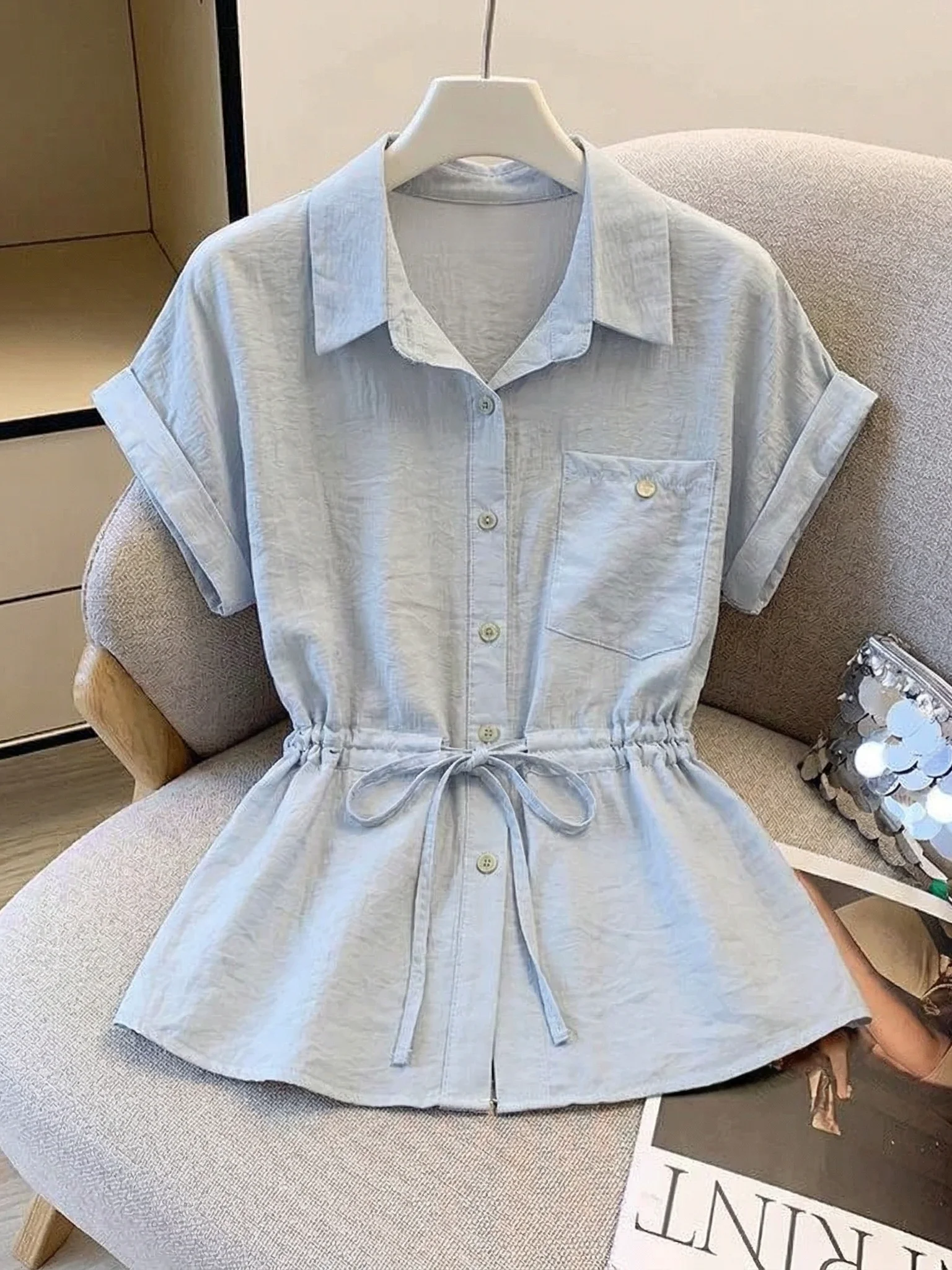 Light Blue V-Neck Short Sleeve Shirt Women's Summer New Style Drawstring Waist in Korean Style Commute Wind Loose Fit Shirt
Light Blue V-Neck Short Sleeve Shirt Women's Summer New Style Drawstring Waist in Korean Style Commute Wind Loose Fit Shirt