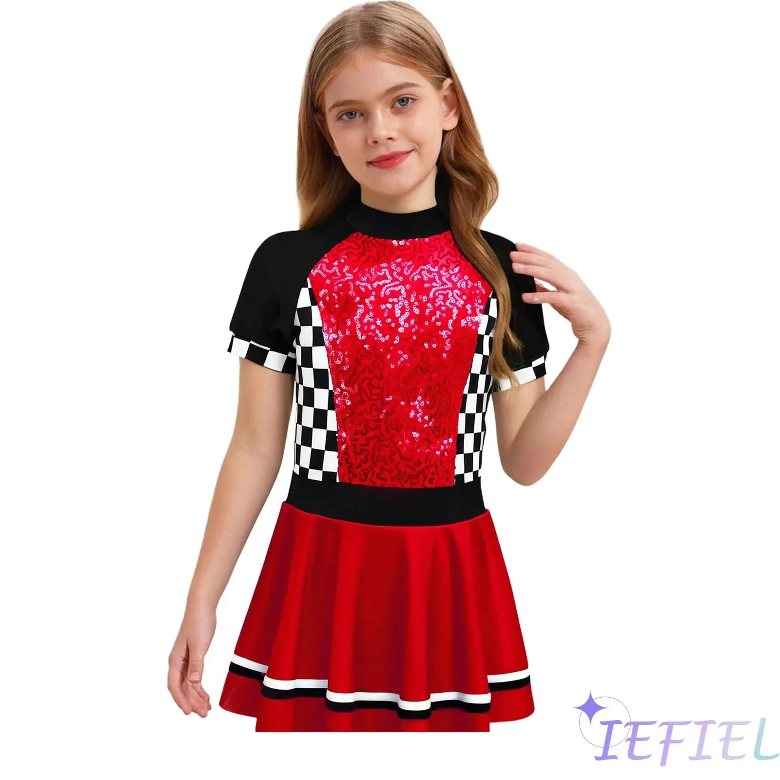 Girls Racing Driver Costume Short Sleeve Back Invisible Zipper Checkerboard Shiny Sequins Dress for Halloween Theme Party
Girls Racing Driver Costume Short Sleeve Back Invisible Zipper Checkerboard Shiny Sequins Dress for Halloween Theme Party