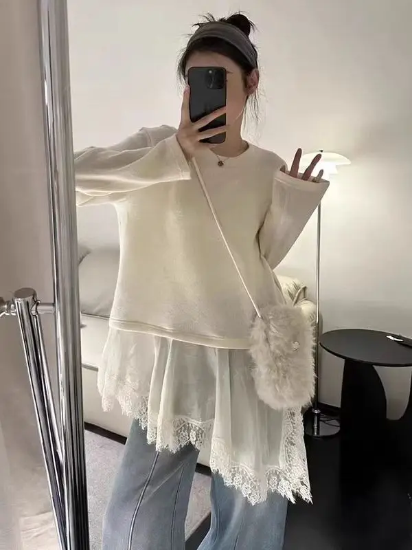 Design Sensation Long Sleeve T-Shirt Lace Trim plus Size Mid-Length Base Layer Loose Fit round Neck Pullover Spring Autumn
Design Sensation Long Sleeve T-Shirt Lace Trim plus Size Mid-Length Base Layer Loose Fit round Neck Pullover Spring Autumn