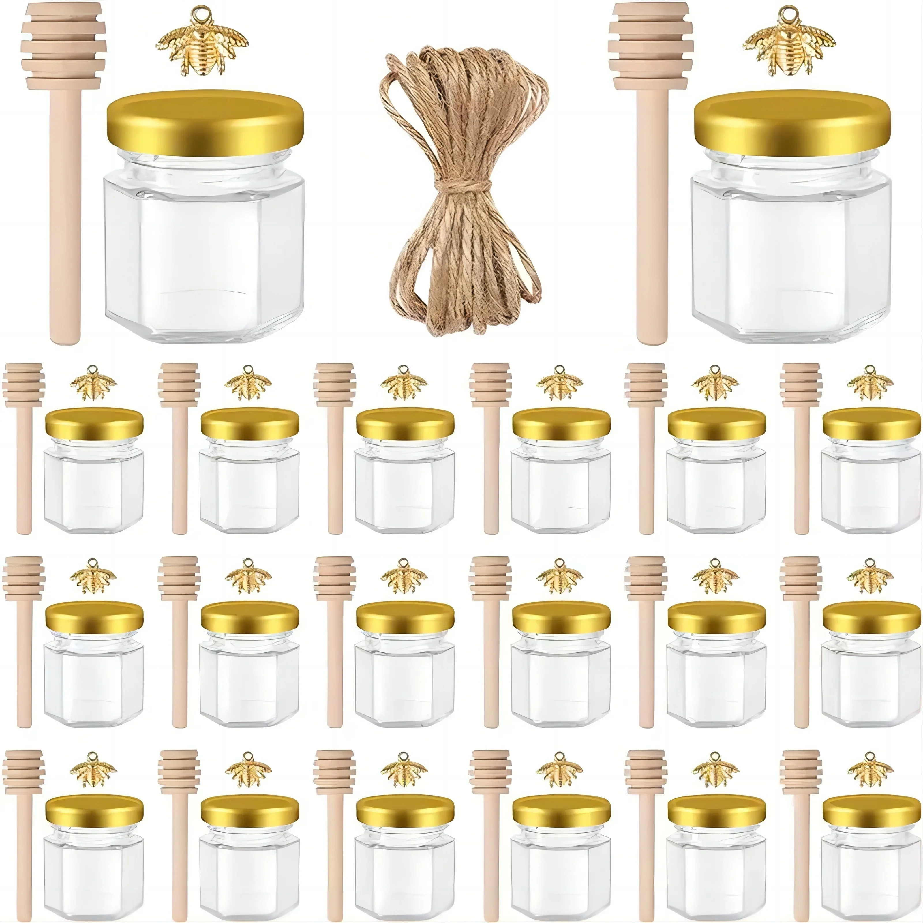 1.5 Oz Hexagon Mini Glass Honey Jars With Wood Dipper, Bee Pendants And Jutes, For Baby Shower, Wedding Favors, Party Favors
1.5 Oz Hexagon Mini Glass Honey Jars With Wood Dipper, Bee Pendants And Jutes, For Baby Shower, Wedding Favors, Party Favors