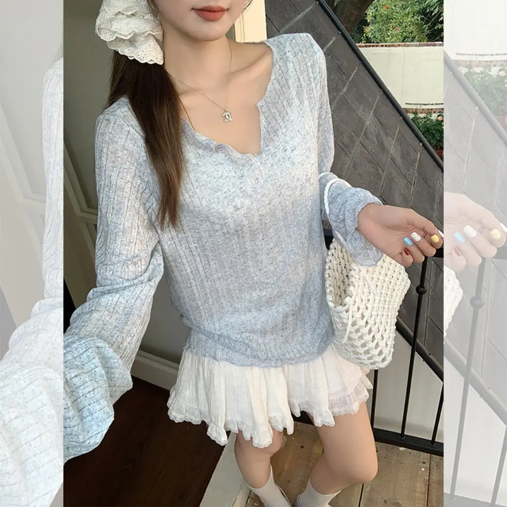Women's Long-Sleeved Micro-Transparent Ear-Rimmed Sunscreen Blouse Summer Loose Fit Sweet Spice Top Outer Wear T-shirt 
Women's Long-Sleeved Micro-Transparent Ear-Rimmed Sunscreen Blouse Summer Loose Fit Sweet Spice Top Outer Wear T-shirt