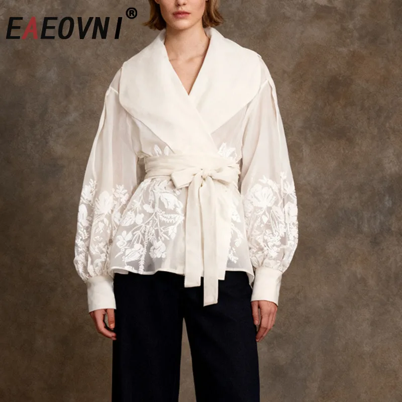 EAEOVNI Organza Women's Blouse Embroider Flower Design Lapel Belt Gathered Waist Solid Color Loose Shirt Fashion New Clothing
EAEOVNI Organza Women's Blouse Embroider Flower Design Lapel Belt Gathered Waist Solid Color Loose Shirt Fashion New Clothing