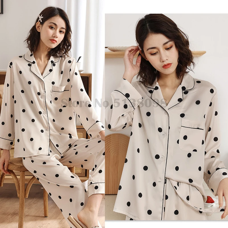 Women's Pajamas Set Spring Autumn Thin Style Long-Sleeved Trousers 2Pcs Sleepwear Ice Silk Wave Dot Loose Casual Home Clothes
Women's Pajamas Set Spring Autumn Thin Style Long-Sleeved Trousers 2Pcs Sleepwear Ice Silk Wave Dot Loose Casual Home Clothes