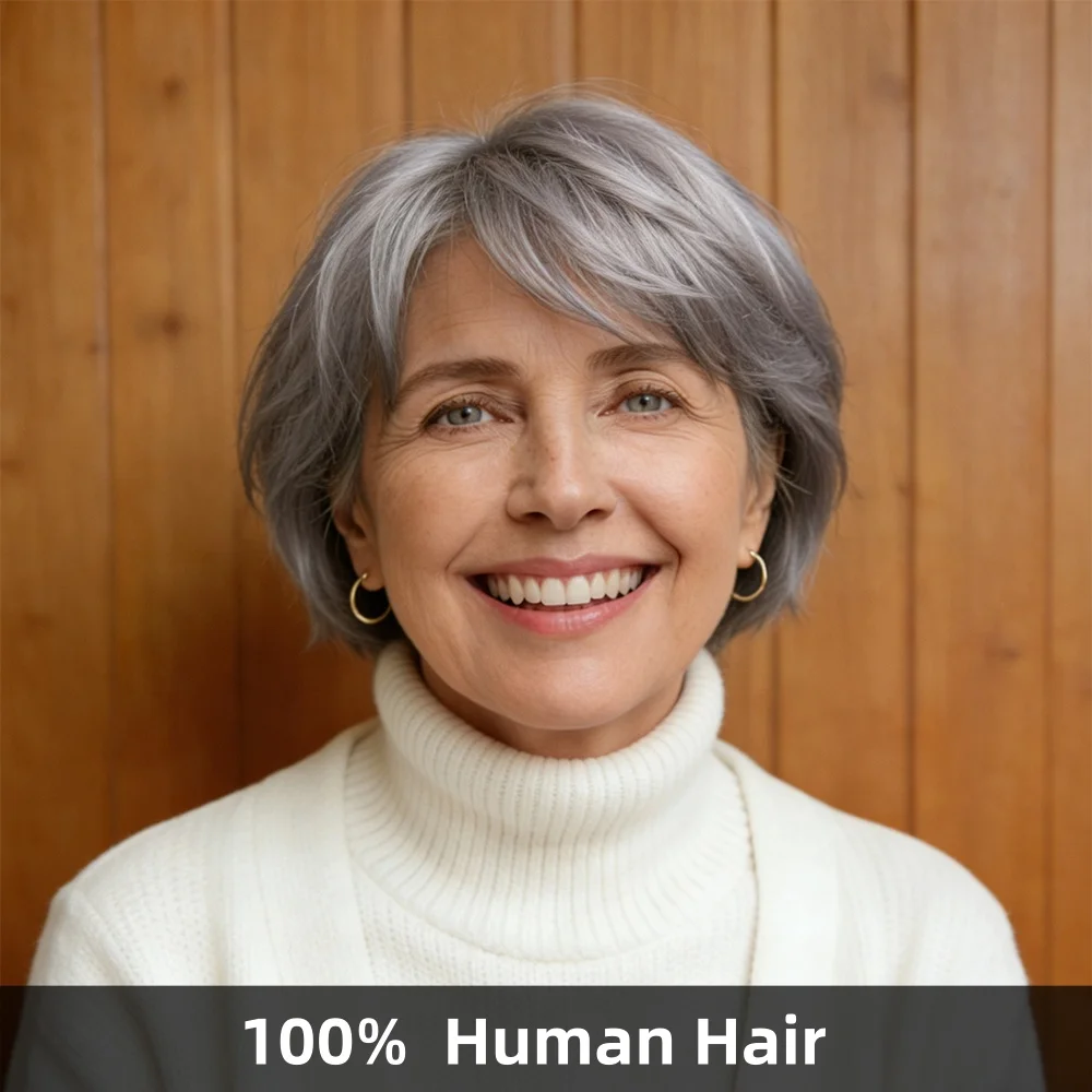 Silver Gray Short Pixie Cut Wig with Bangs Full Machine Made 100% Real Human Hair Breathable Cap for Older Women Senior Ladies
Silver Gray Short Pixie Cut Wig with Bangs Full Machine Made 100% Real Human Hair Breathable Cap for Older Women Senior Ladies