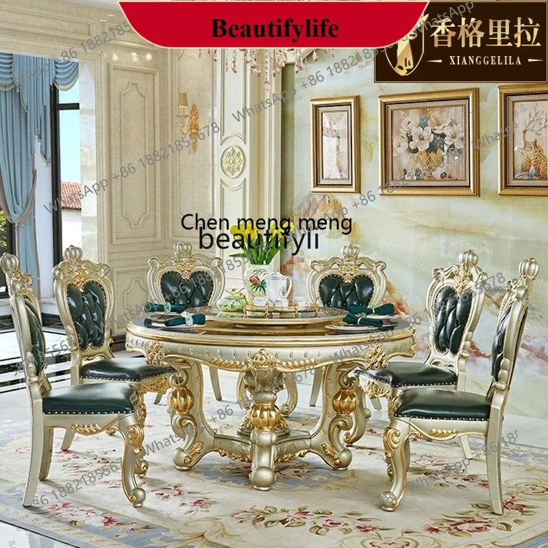 z183 European marble dining table, villa solid wood carving flower drawing gold and silver round table with turntable dining ta
z183 European marble dining table, villa solid wood carving flower drawing gold and silver round table with turntable dining ta