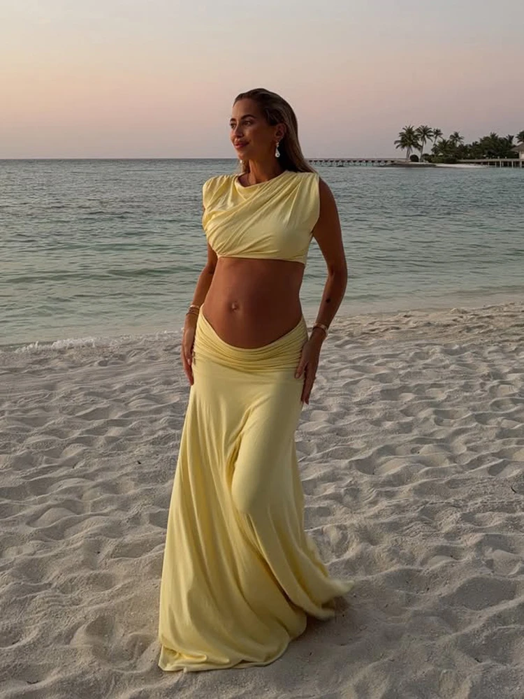 Sexy Solid Round Neck Sleeveless Ruched Crop Top Suit Pleated Hip Hugging Floor Length Skirt Set 2026 Women's Holiday Outfits
Sexy Solid Round Neck Sleeveless Ruched Crop Top Suit Pleated Hip Hugging Floor Length Skirt Set 2026 Women's Holiday Outfits