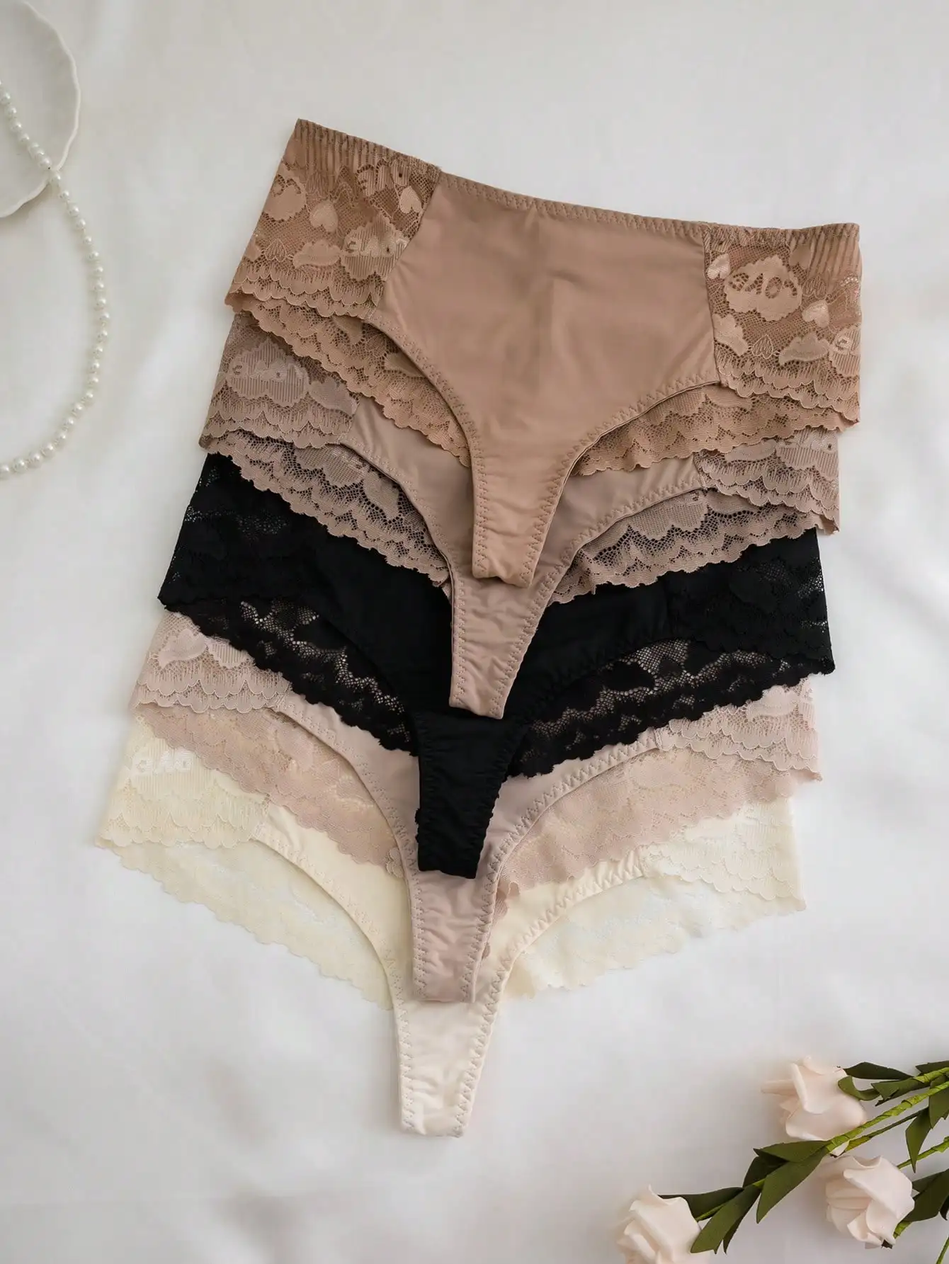 5pcs Lace Trim High Waist Thong Panties Set for Women, Soft & Sexy Underwear in Neutral Colors
5pcs Lace Trim High Waist Thong Panties Set for Women, Soft & Sexy Underwear in Neutral Colors