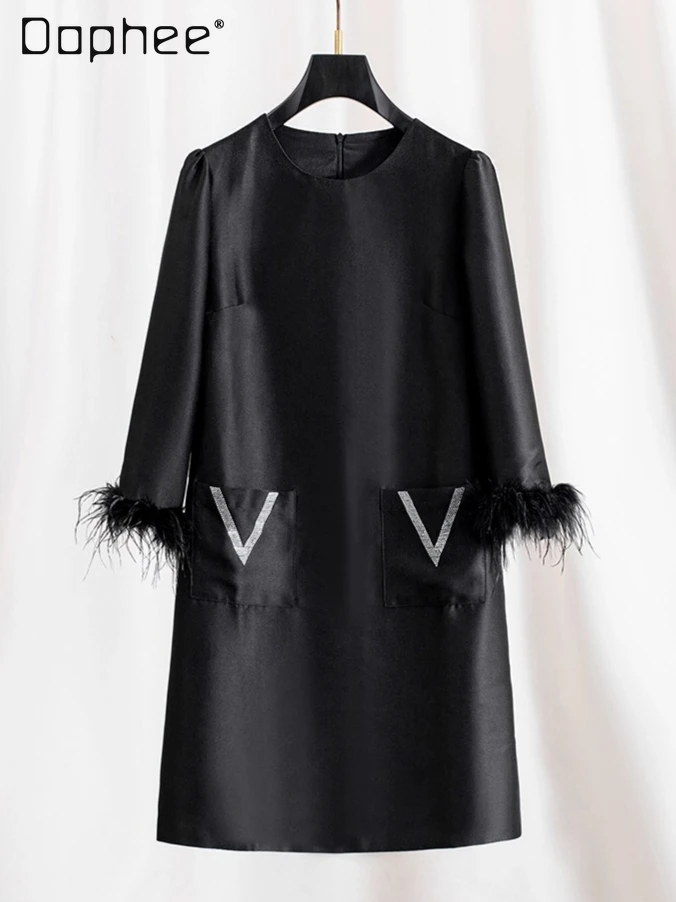 Ostrich Feather Patchwork Long Sleeve Rhinestone Black High-End Elegant Socialite Dress Fashion Loose Slim Mid-Length Dress
Ostrich Feather Patchwork Long Sleeve Rhinestone Black High-End Elegant Socialite Dress Fashion Loose Slim Mid-Length Dress