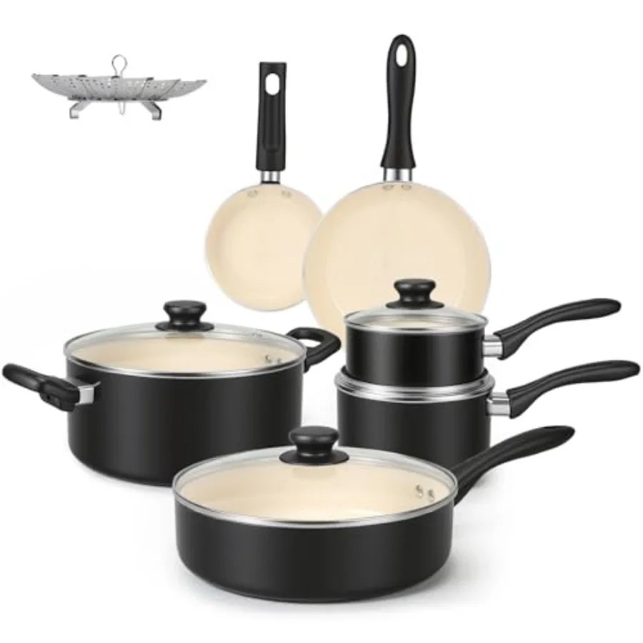 11-Piece Ceramic Non-Stick Pots and Pans Set, Dishwasher and Oven Safe, Easy Clean, Glass Lids, Black/Cream
11-Piece Ceramic Non-Stick Pots and Pans Set, Dishwasher and Oven Safe, Easy Clean, Glass Lids, Black/Cream