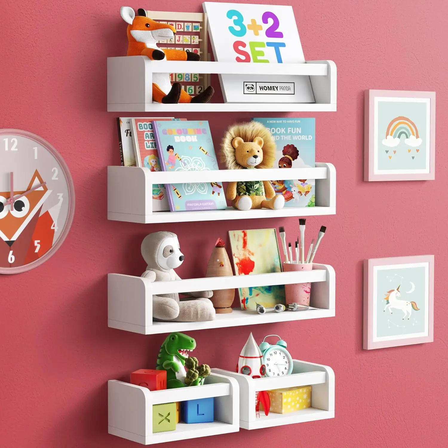 Wall-Mounted Nursery Bookshelves - 3 Long + 2 Mini Shelves, Kids Room Storage (White Pine Wood)
Wall-Mounted Nursery Bookshelves - 3 Long + 2 Mini Shelves, Kids Room Storage (White Pine Wood)