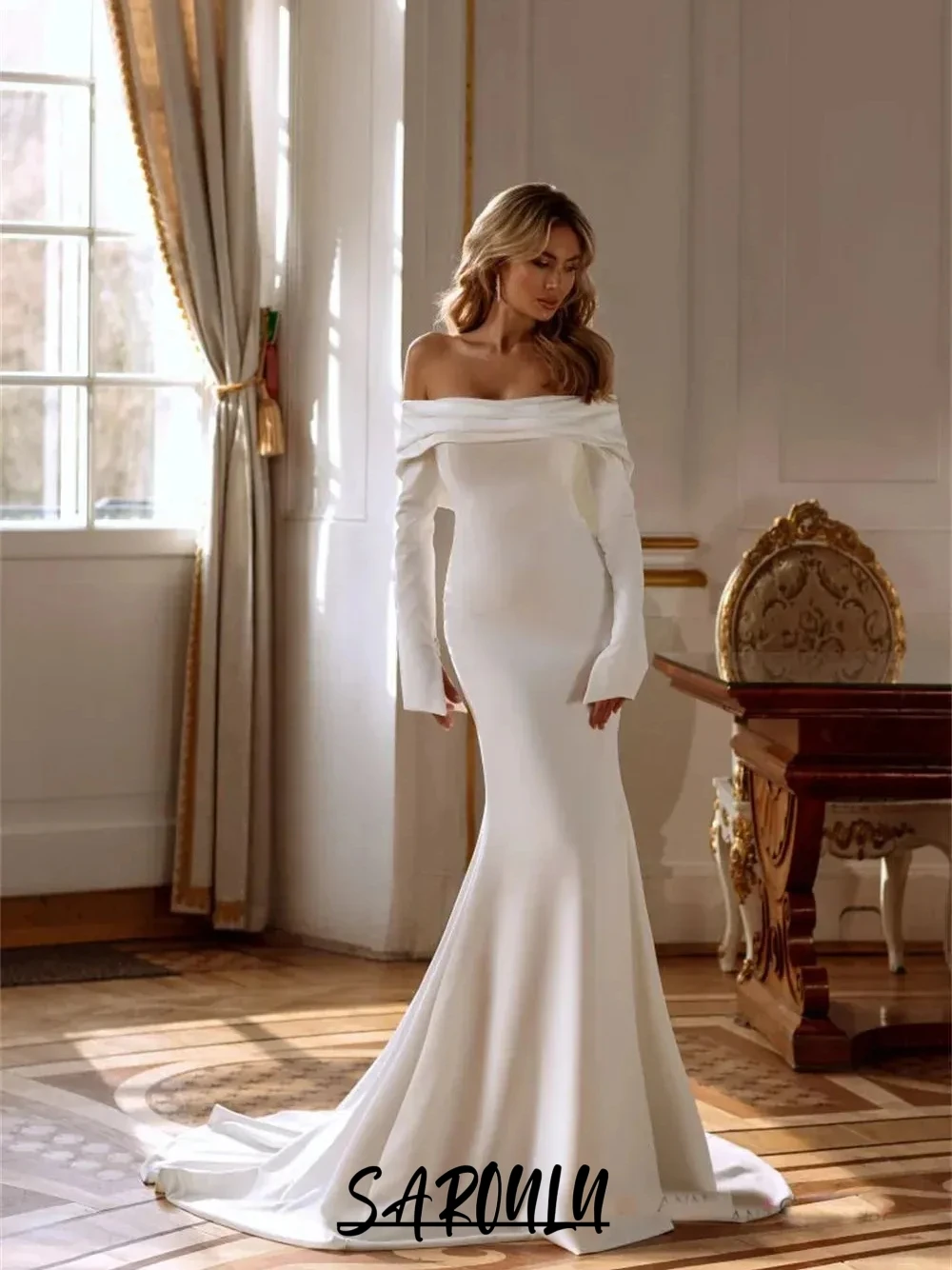 Newest Off Shoulder Graceful Wedding Dress Women Vintage White Mermaid Bridal Gown Customized Side Slit Simple Bride Wear
Newest Off Shoulder Graceful Wedding Dress Women Vintage White Mermaid Bridal Gown Customized Side Slit Simple Bride Wear