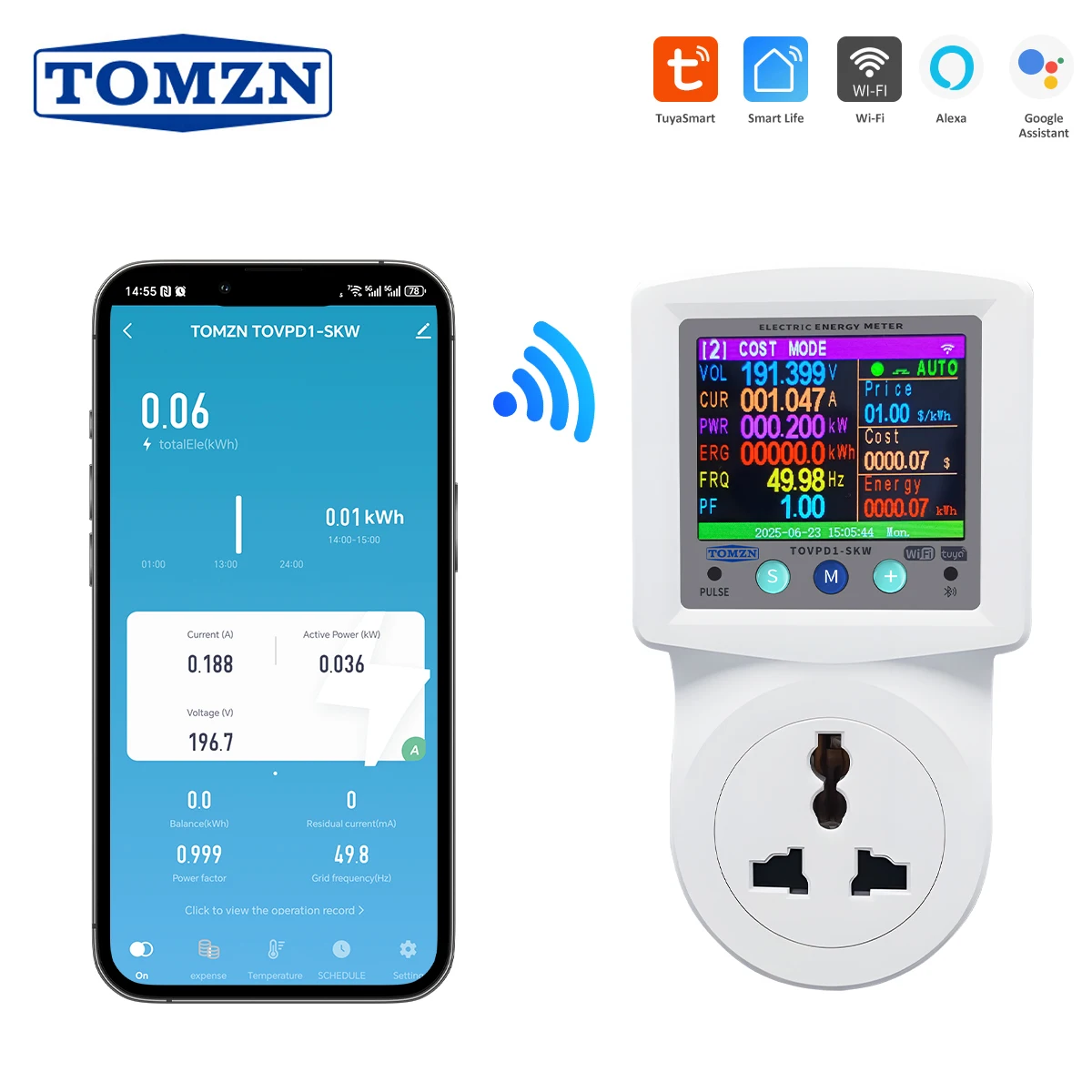 TOMZN TOVPD1-SKW Universal+EU Socket WIFI TUYA Voltage Current AC 110V 220V Adjustable 1-16A Power With PE Metering Timer Hz PF
TOMZN TOVPD1-SKW Universal+EU Socket WIFI TUYA Voltage Current AC 110V 220V Adjustable 1-16A Power With PE Metering Timer Hz PF